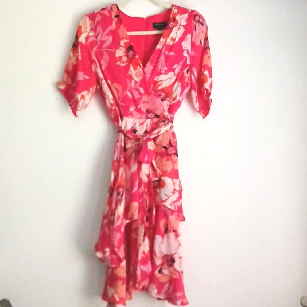 Tahari ASL "Grenadine" Satin Shadow Stripe Ruffle Faux Wrap Dress Size 4 (NWT)